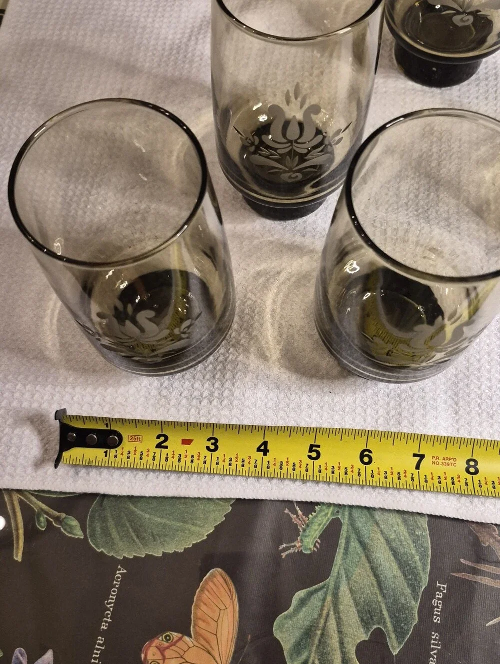 Smoked Glass Floral Etched Tumbler - Set of 6 VINTAGE